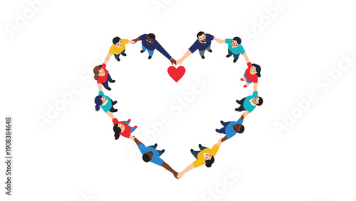 Circle of diverse people holding hands in a heart shape around a small red heart symbol to represent love and unity.