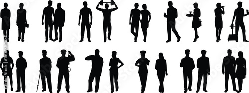 Vector, black, silhouette, illustration, set, of, various, people, in, different, poses, including, couples, workers, athletes, and, travelers, for, community, and, lifestyle, design, element