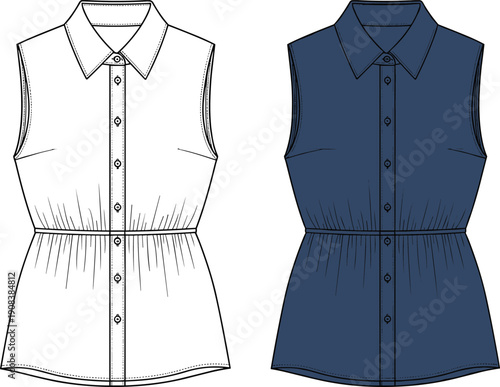 Women's sleeveless button-down shirt blouse technical fashion flat sketch vector illustration with cinched waist and collar in white and blue color for apparel design
