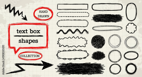 Hand drawn shapes and elements collection with text box arrows and doodles