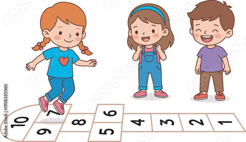 Cute Kids Playing Hopscotch Game Illustration, Happy Children Learning Numbers Outdoor Educational Cartoon Vector Design