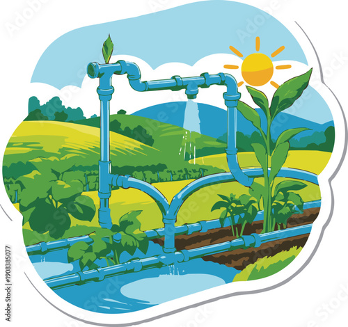 colorful vector illustration of crop irrigation system, water pipes and plants, flat design, rounded shapes, clean outline, no text, generic farming concept, adobe stock ready 3