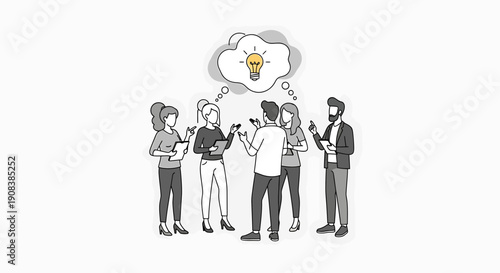 Brainstorming session with diverse team collaborating on innovative ideas, a lightbulb symbolising creativity and insight within a thought bubble