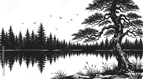 Forest lake silhouette landscape with pine trees reflection and birds, peaceful wilderness nature black vector illustration
