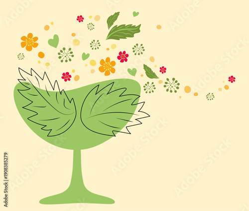 Light spring drink in green glass. Floral tea with floating flowers, fresh mint leaves and citrus notes. Minimalistic design: blooming nature in green bowl. Vector detox lemonade in flat style. Diet, 