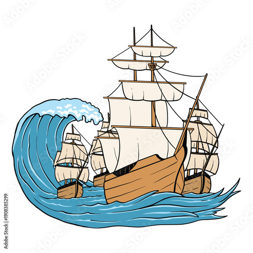 A majestic sailing ship navigates through turbulent ocean waves with multiple masts and sails, depicted in a classic illustration style