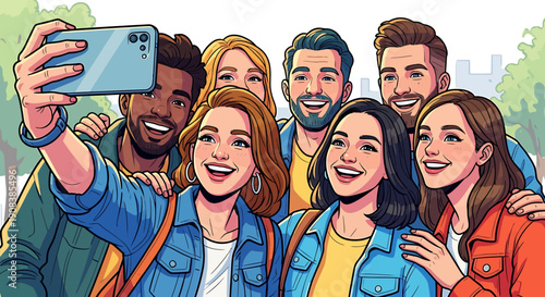 A diverse group of friends captures a happy moment together, taking a selfie with a smartphone in an outdoor urban setting