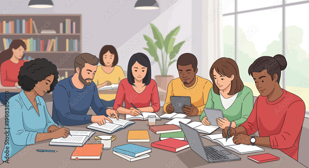 Obraz premium Diverse group of focused students and professionals engaged in collaborative learning, teamwork, and productive study sessions around a shared table in a modern academic or office setting
