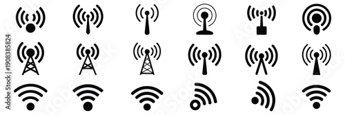 wireless icons pack, signal strength symbols for internet and connectivity, router signs, technology communication graphics, minimal outline style, professional vector