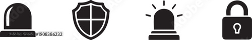 Security icons set including shield, lock, and alarm
