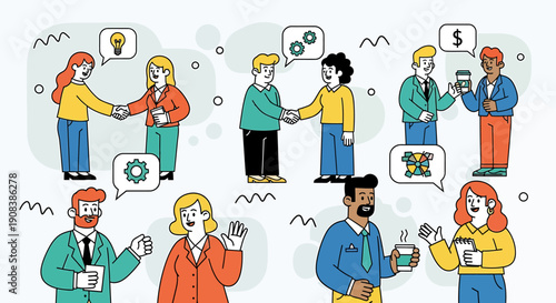 Business collaboration and partnership illustrated with diverse people in different meeting and discussion scenarios