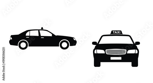 Two black taxi car images side and front views silhouette