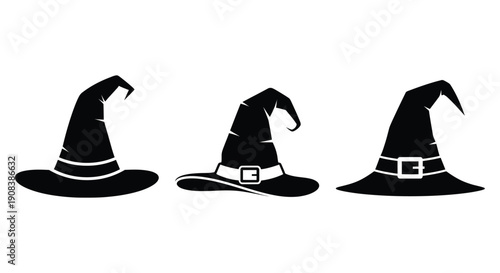 Three black witch hats displayed in a row a dark silhouette