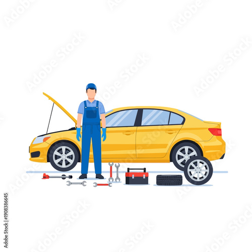 Car Mechanic Repairing Yellow Sedan with Tools and Spare Tire