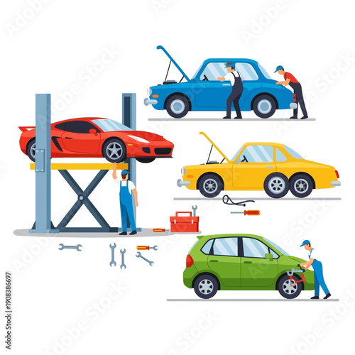 Auto Mechanic Team Servicing Vehicles on White Background, Car Repair Service