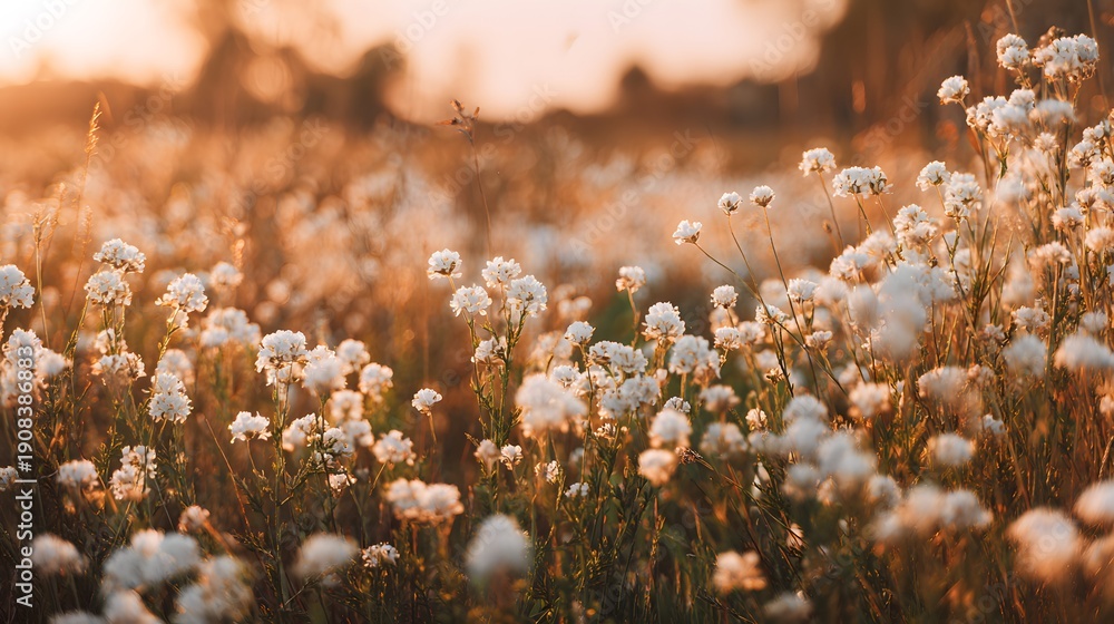 Fototapeta premium Golden Hour Cotton Field Serenity at Sunset.