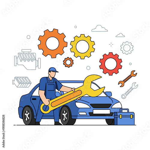 Automotive Mechanic Fixing Car with Wrench and Gears, Service Concept
