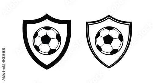 Two shield emblems featuring soccer balls in a stark silhouette