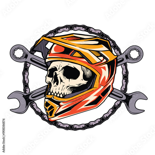 A skull wearing a vibrant helmet surrounded by crossed wrenches in a circular emblem