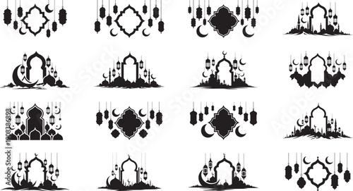 Ramadan Kareem Islamic silhouettes with crescent moons and lanterns