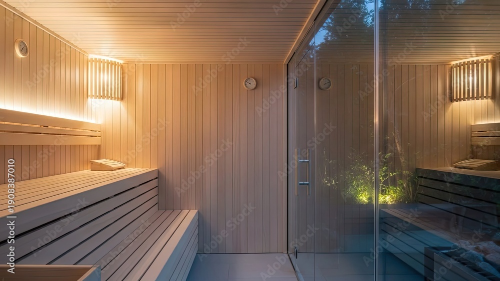 Fototapeta premium A serene sauna interior with wooden benches and warm lighting