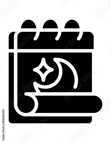 Black Ramadan calendar icon with crescent moon and star, symbolizing Islamic holy month scheduling, minimal flat vector illustration isolated on white background.