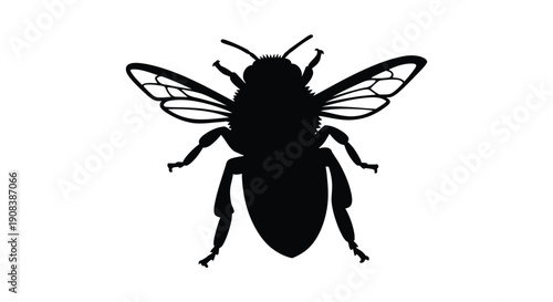 A detailed black silhouette of a bee in flight against a white background