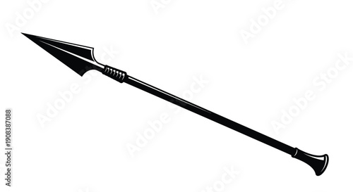 A striking black spearhead with a long shaft a stark silhouette