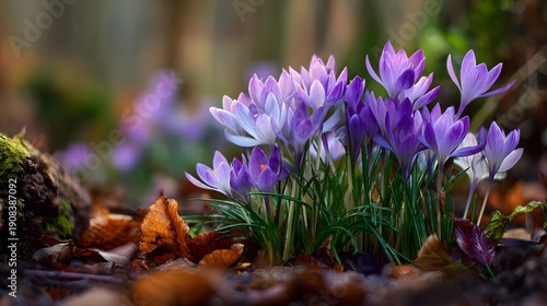 Close-up of vibrant purple crocuses blooming in a forest floor setting.