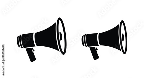 Two black megaphone icons facing opposite directions simple silhouette