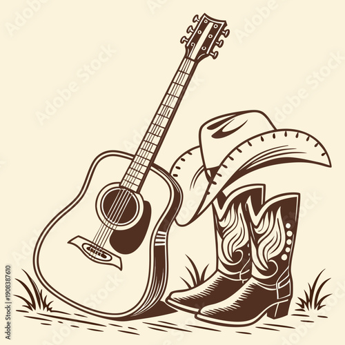 Hand drawn country music set featuring an acoustic guitar and cowboy boots for entertainment design
