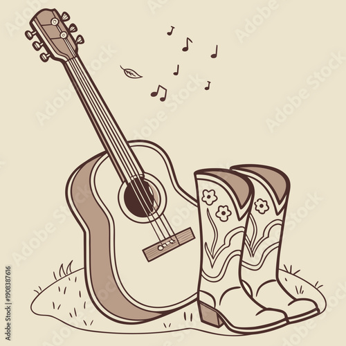 Hand drawn country music set featuring an acoustic guitar and cowboy boots for entertainment design