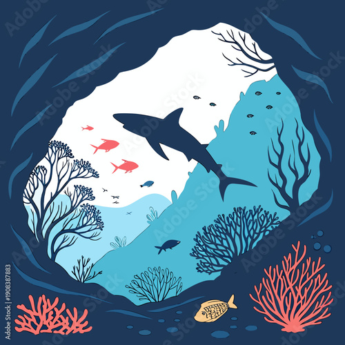 Underwater cave with silhouette of shark, coral reef and fishes. Vector illustration with marine life. Seascape image