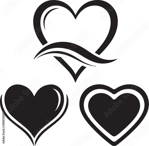 Collection of various black heart icons on white background