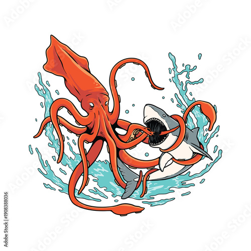 Vibrant Octopus Engulfs Shark in Turbulent Ocean Waters Illustration from a Dynamic Front Viewpoint