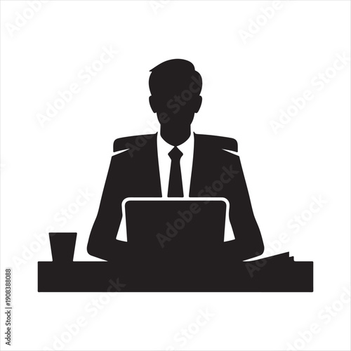 Office desk worker vector silhouette line art logo design concept illustration