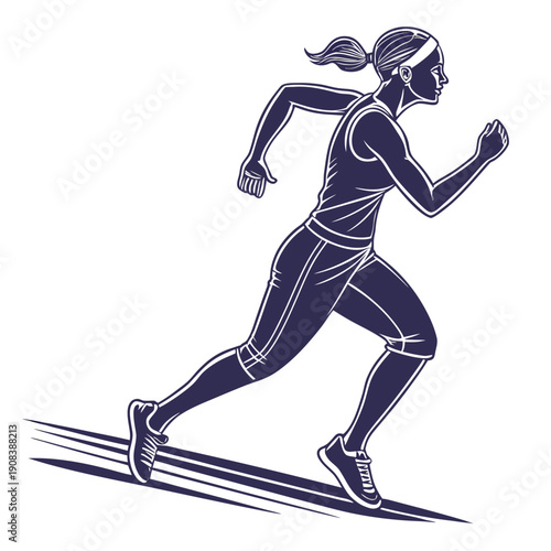 Run, running woman, isolated vector silhouette. ink drawing. Side view. Athletics, track and field female athlete
