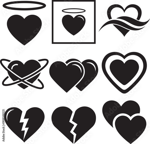 Collection of various black heart icons on white background