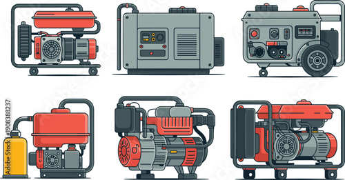 Vector, colorful, illustration, set, of, various, portable, gas, and, diesel, power, generators, for, emergency, backup, construction, camping, industrial, and, home, energy, design, elements