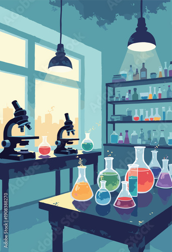 Science Laboratory Black tables, microscopes, beakers colorful liquid Education