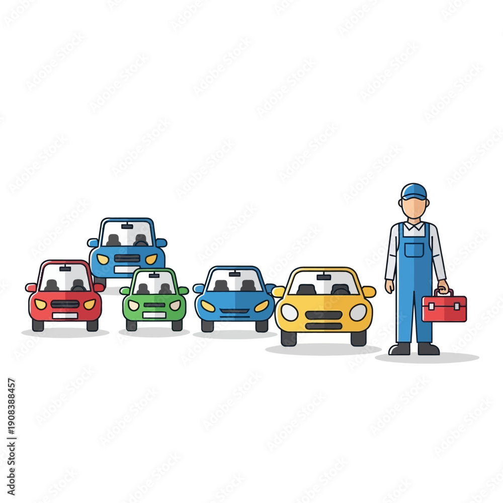 Fototapeta premium Mechanic with Toolbox and Cars, Auto Repair Service, Vehicle Maintenance
