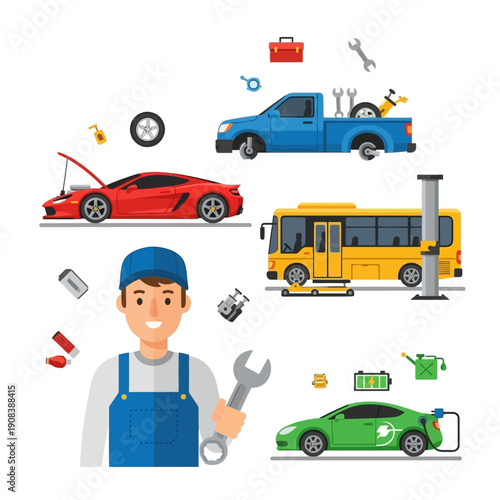 Car Mechanic With Various Vehicles and Tools - Auto Repair Service Concept