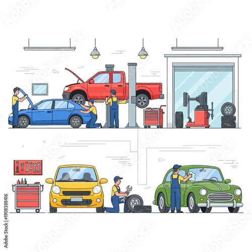 Car repair shop: mechanics working on vehicles, tire change, car lift, auto service