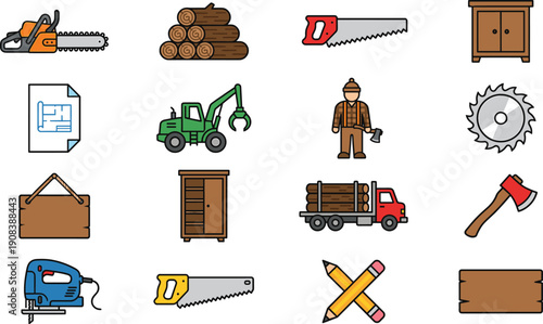 Carpentry tools and woodworking elements set, lumber industry equipment collection, flat vector illustration isolated background design
