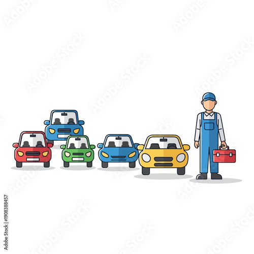 Mechanic with Toolbox and Cars, Auto Repair Service, Vehicle Maintenance