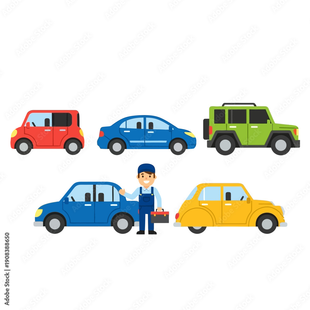 Naklejka premium Car Mechanic with Assortment of Cars: Sedan, SUV, Hatchback, and Classic