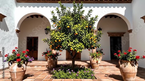 Mediterranean courtyard with a central orange tree and red flowers in terracotta pots. Spanish villa architecture with white walls and arches. Traditional patio design
