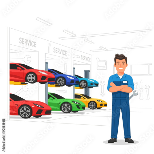 Auto Mechanic Standing Proudly in a Modern Car Service Workshop with Cars on Lifts