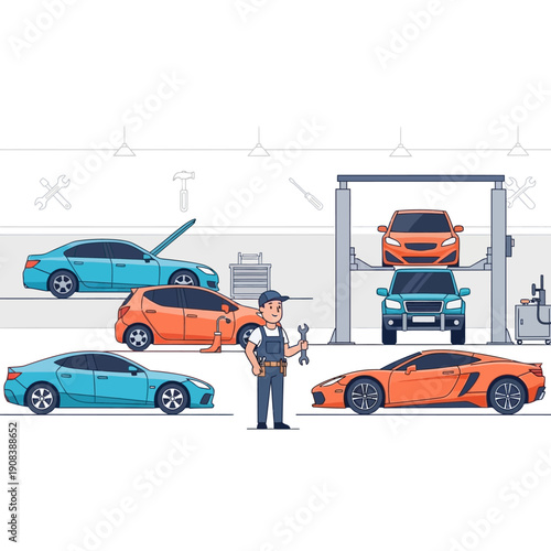 Car mechanic servicing vehicles in auto repair workshop with car lift and tools