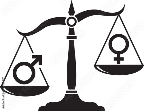Illustration of black silhouette of a balance scale with male and female symbols on each side